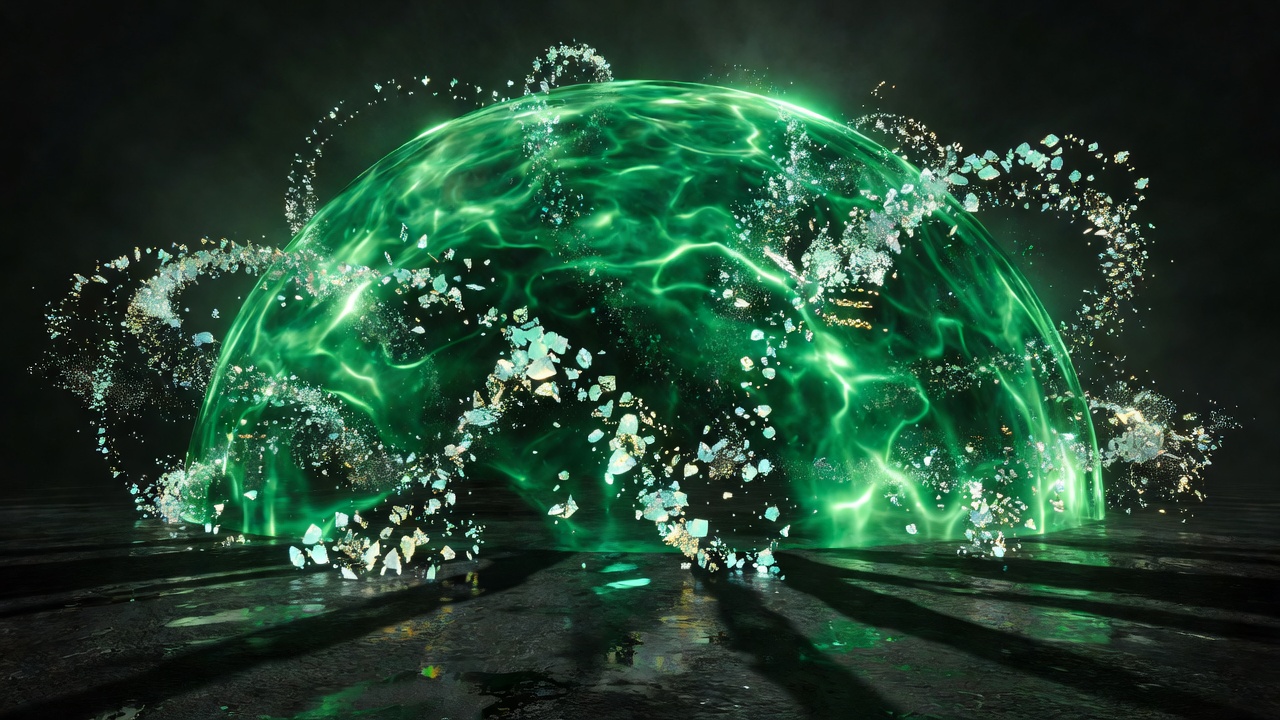 Glowing green energy field and abstract luck particles