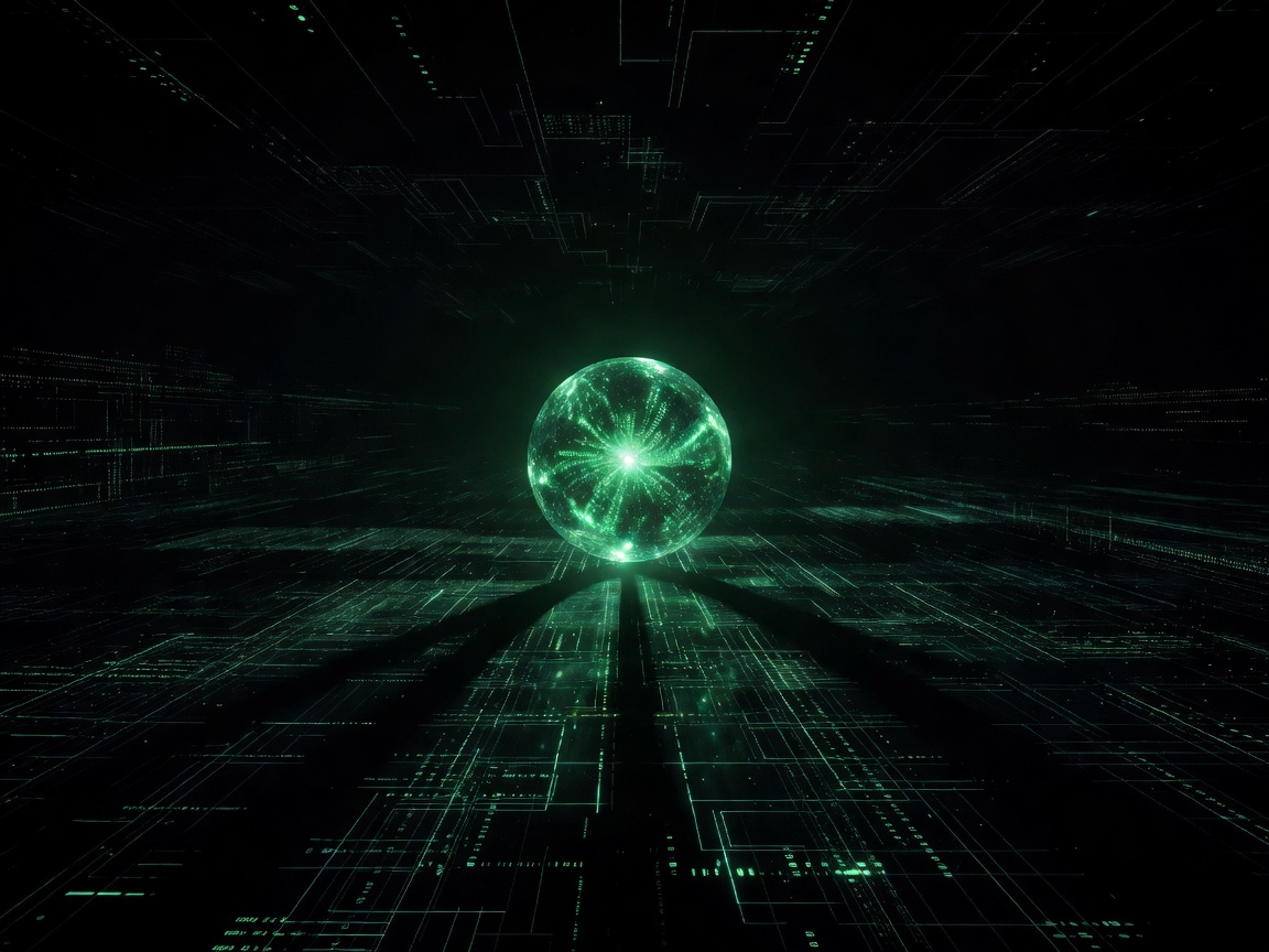 Glowing green reward core illuminating a dark digital space