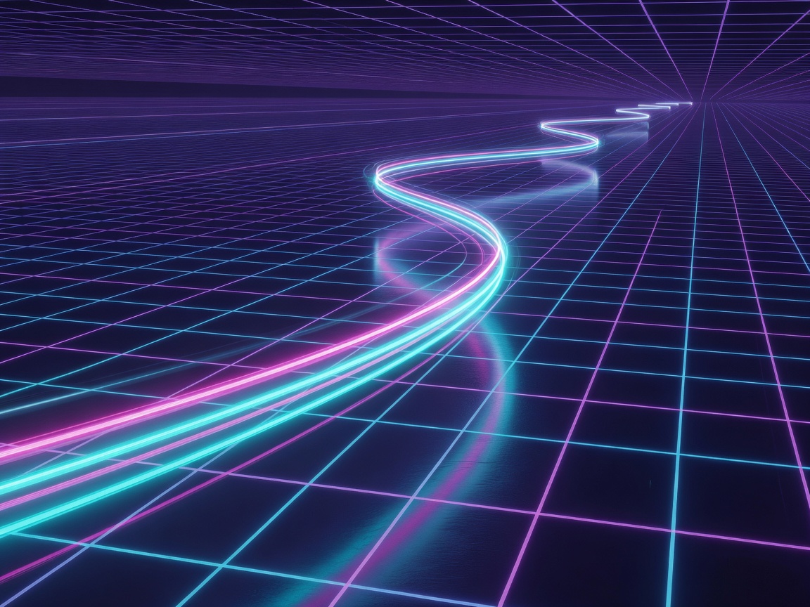 Neon streak energy trail curving through a retro-futuristic grid